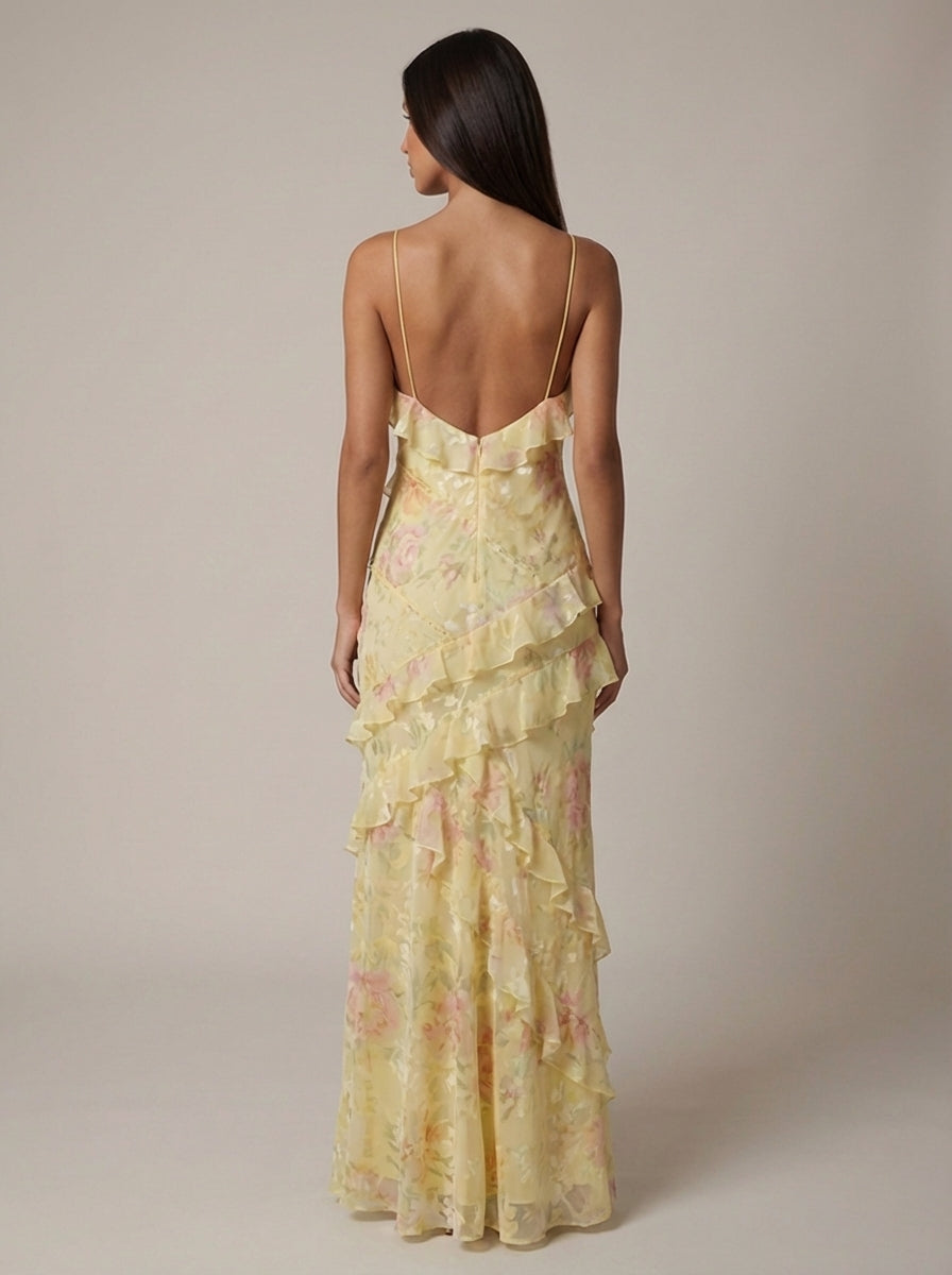 Florales Rüschen-Maxikleid in Gelb und Pink
