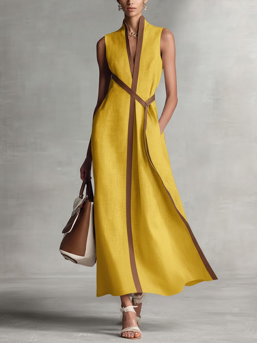Ärmelloses Damenkleid mit Stehkragen aus Baumwoll-Leinen, Freizeitkleid