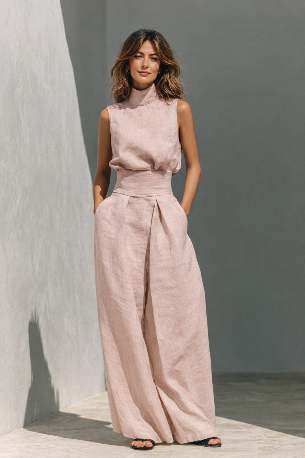 Minimalistisches Set aus Top aus Baumwoll-Leinen und Hosen mit weitem Bein