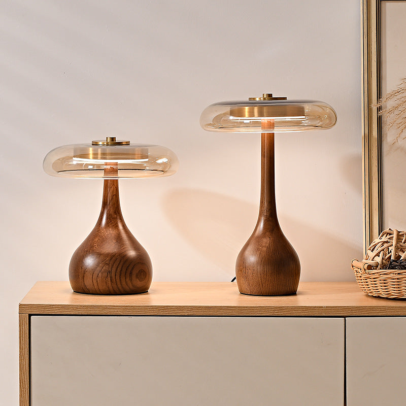 Tischlampe aus Holz und Glas im Vintage-Design