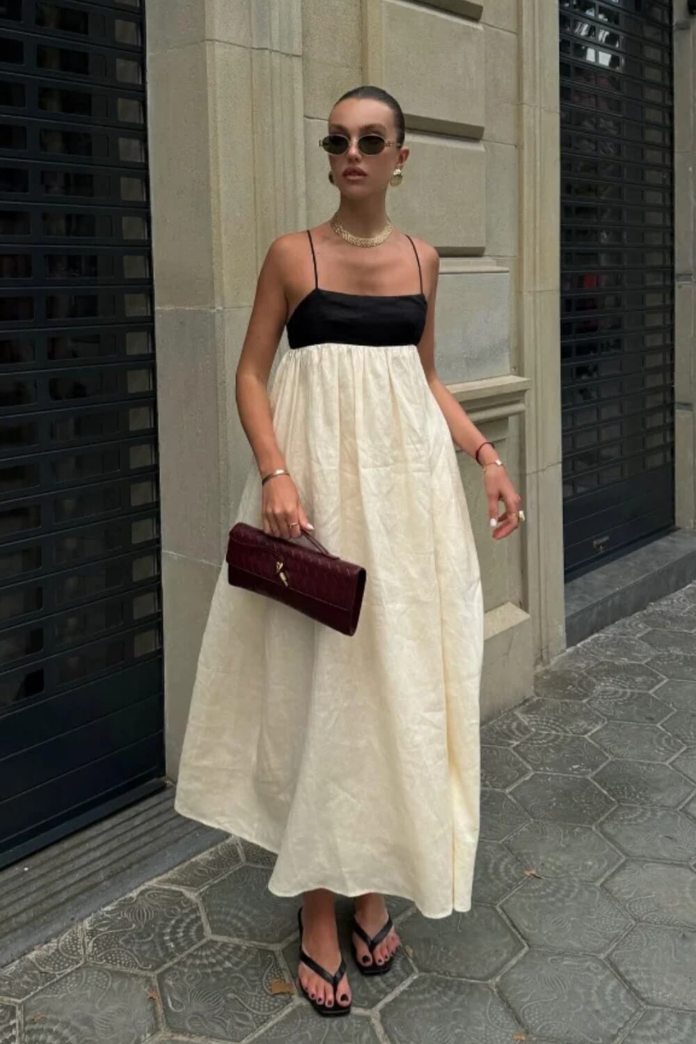 Midikleid aus Leinen-Baumwoll-Mischung für Damen, Schwarz und Weiß