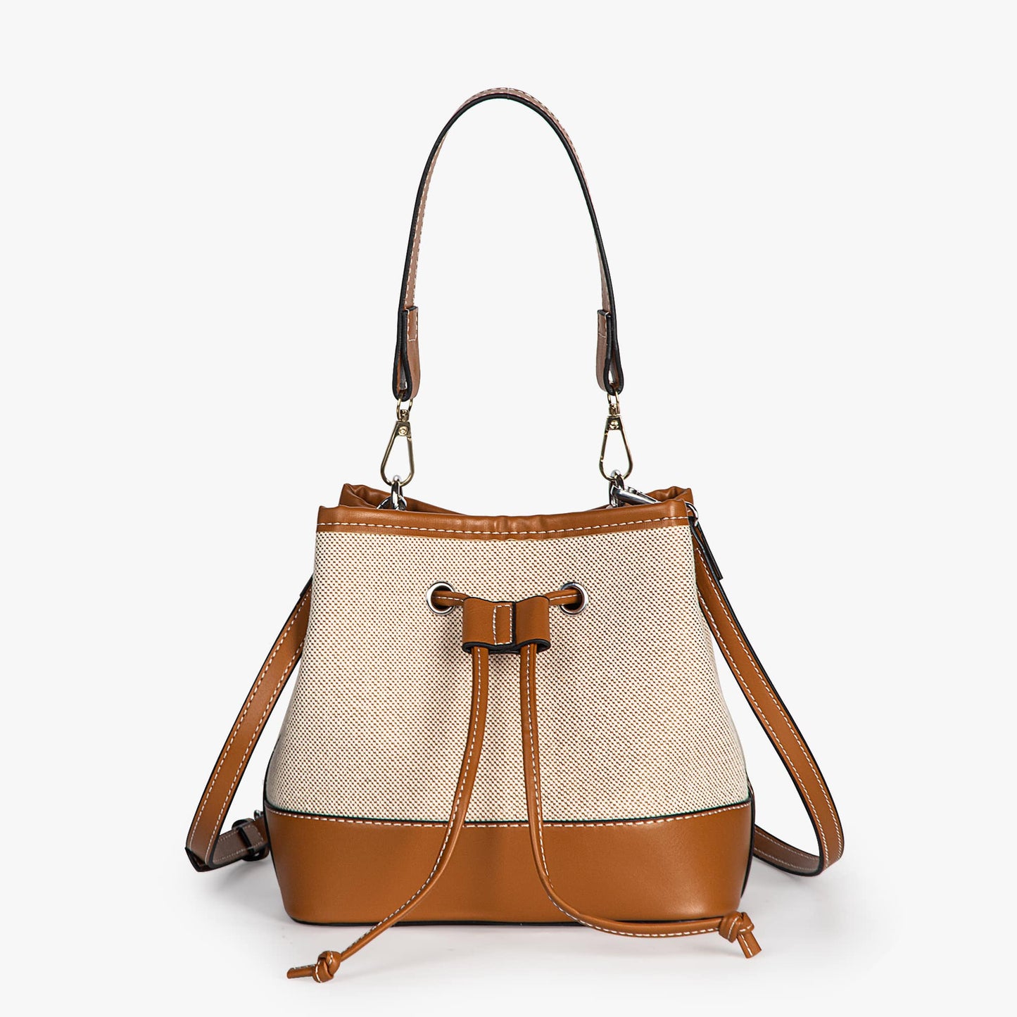 Canvas-Eimer-Tasche mit veganem Lederbesatz und Kordelverschluss