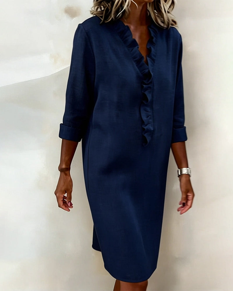 Leinenmischgewebe Kleid mit Volant und geradem Schnitt