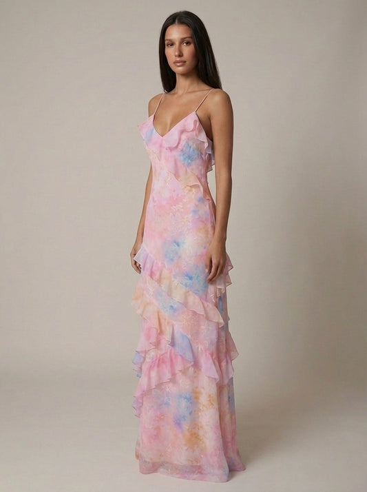 Florales Rüschen-Maxikleid in Gelb und Pink