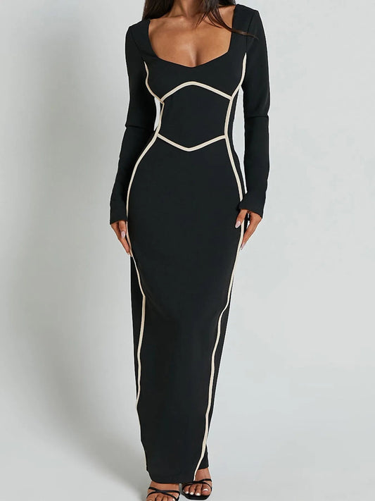 Langarm Bodycon Maxikleid mit Kontrastbesatz
