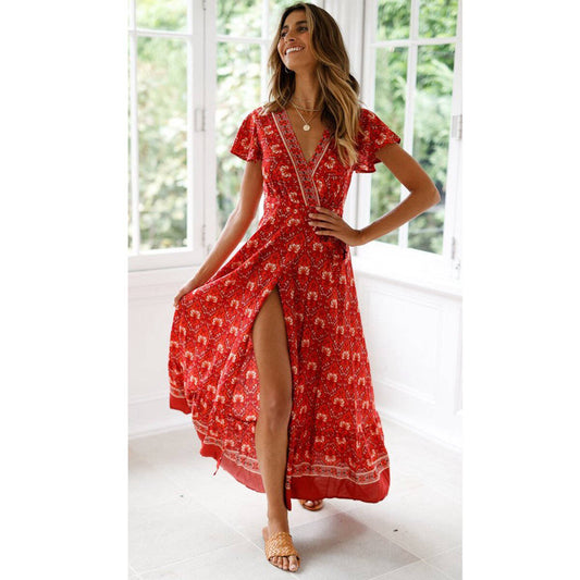 Rotes Boho Wickelkleid mit Herz-Ausschnitt