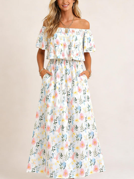 Damen Blumenmuster Schulterfreies Sommer Maxikleid