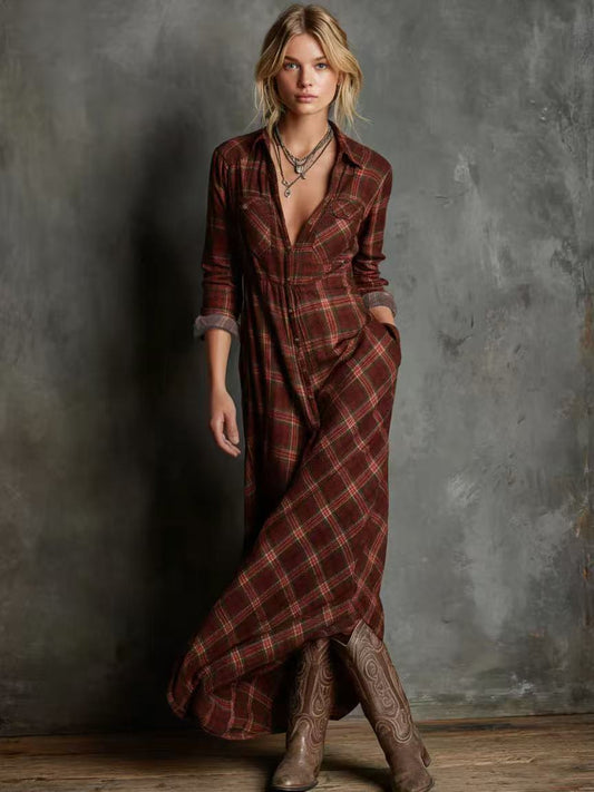 Karierter Maxikleid mit langen Ärmeln
