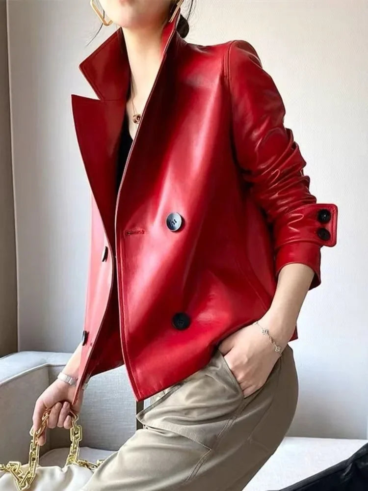 Damen Lederjacke In Rot Mit Klassischem Schnitt