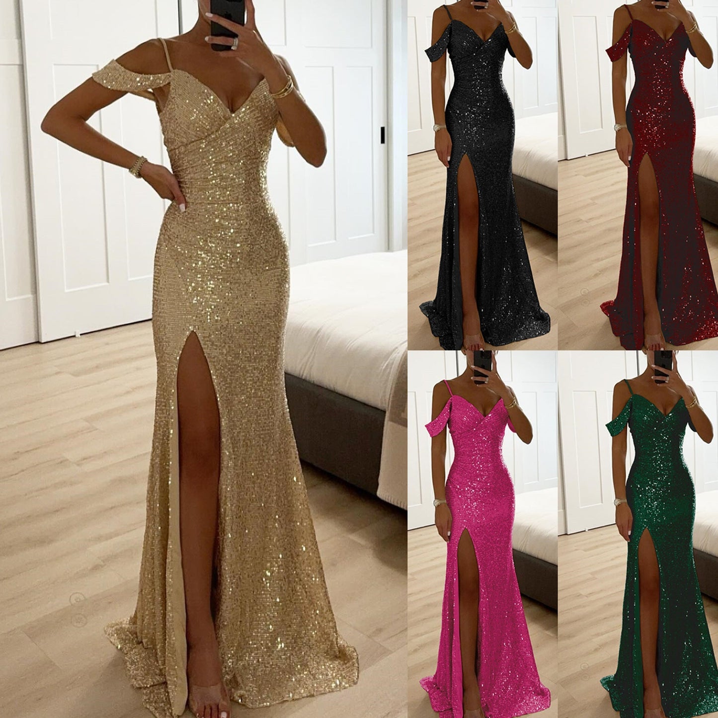 Damen Abendkleid Mit Schlitz Und Schulterdetail