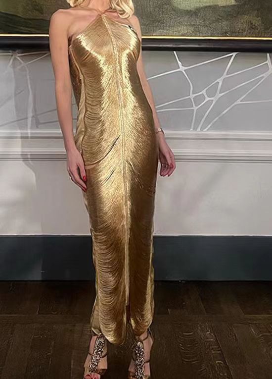 Elegantes langes Damenkleid mit Schlitz und raffiniertem Kragen