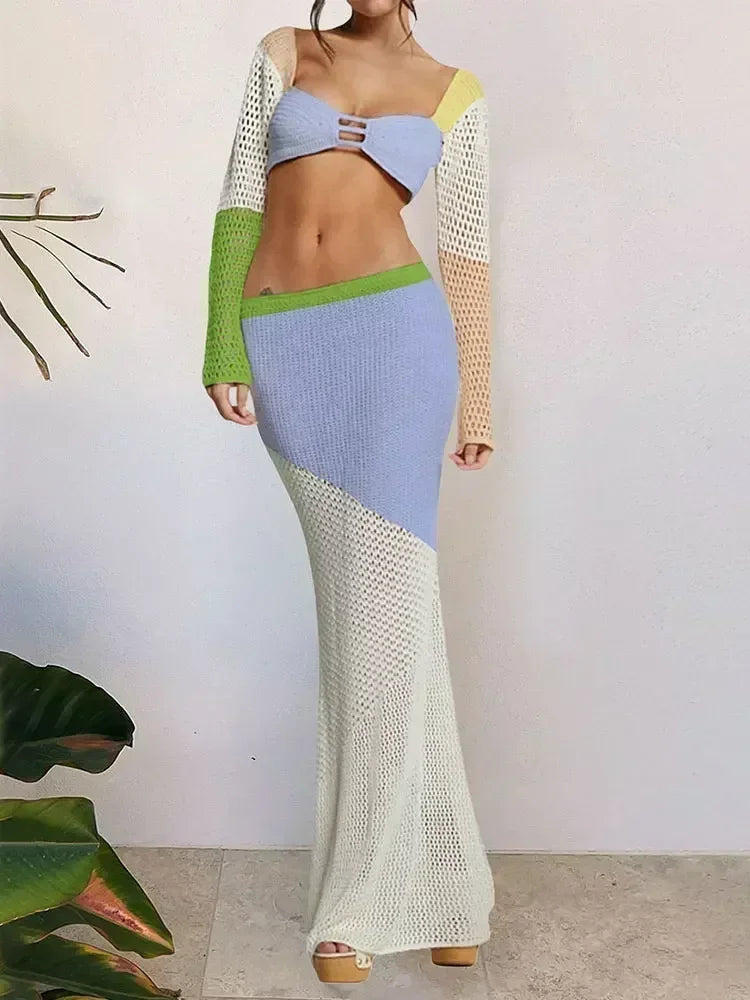 Häkel-Zweiteiler Maxirock-Set mit Cut-Out-Top und rückenfreiem Design