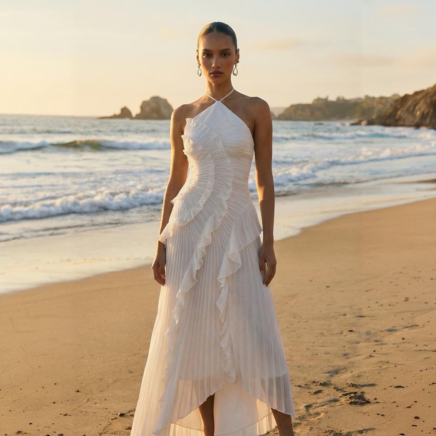 Tea Rose Weißes Midikleid mit Falten für Damen