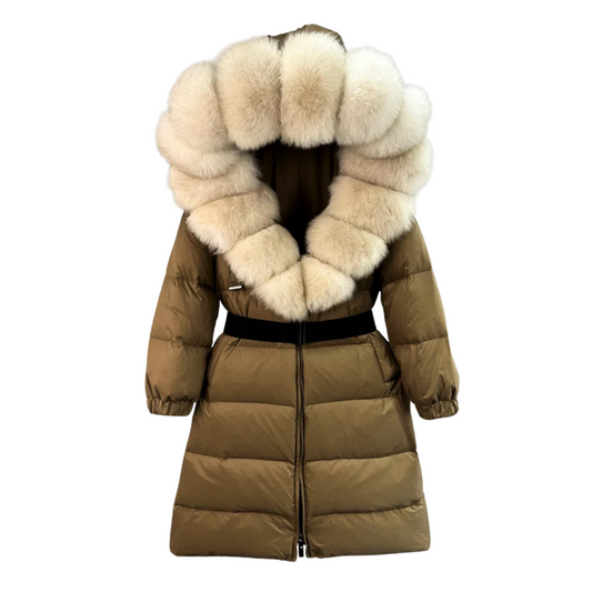 Damen Daunenparka Mit Gürtel Und Klassischem Design