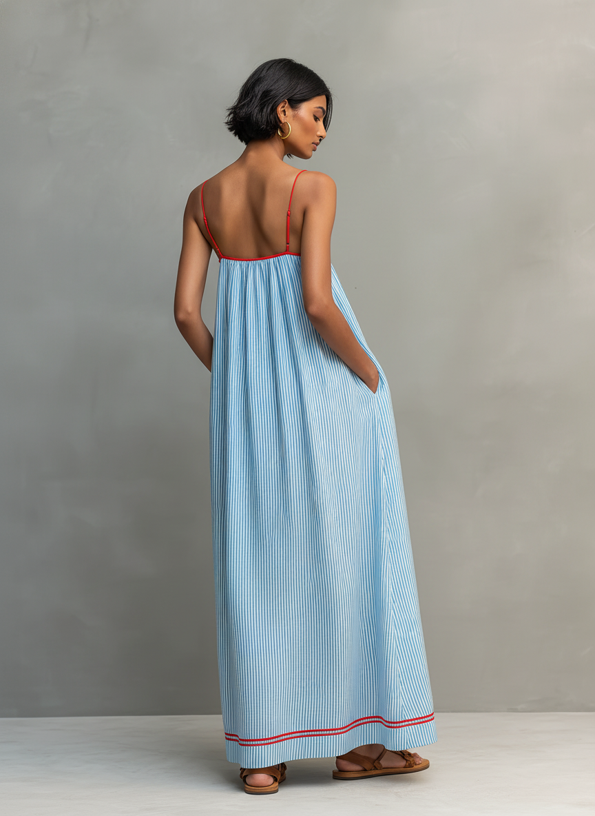 Gestreiftes Maxikleid mit weitem Schnitt und Spaghettiträgern