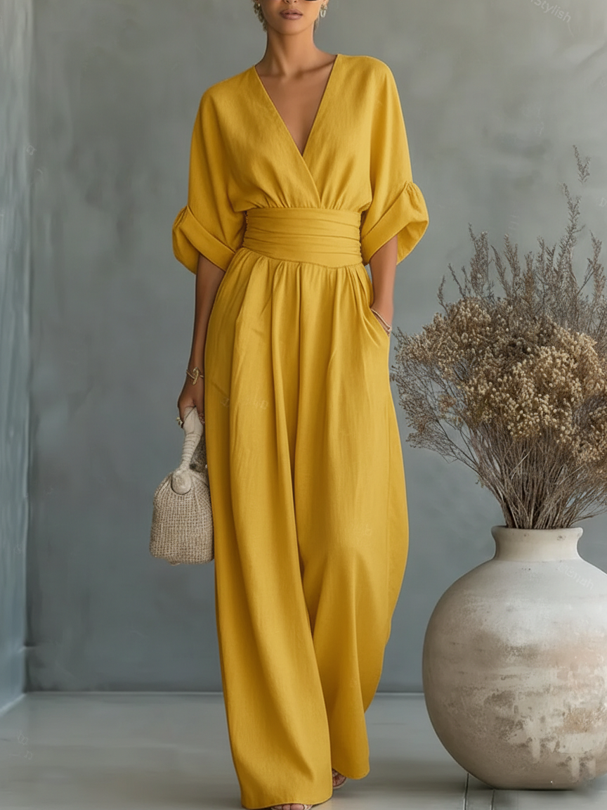 Eleganter Overall mit V-Ausschnitt, hoher Taille und lockerem Sitz für Damen
