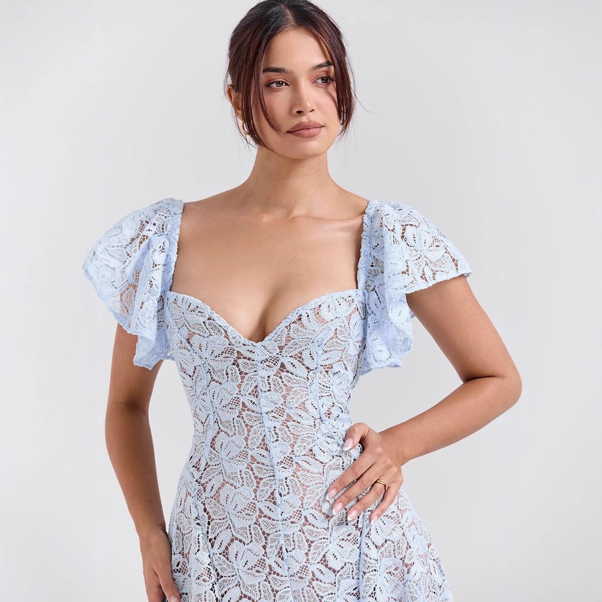Spitzen-Kleid mit Glockenärmeln Midi Blau