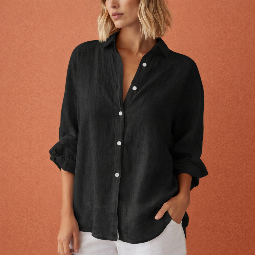 Damen Leinenbluse mit weitem Schnitt und hochgekrempelten Ärmeln