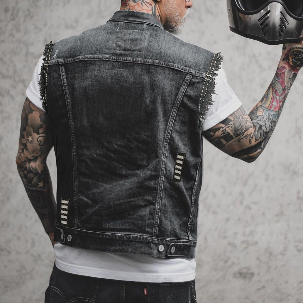 Herren Jeansweste Ärmellos Mit Umlegekragen Und Geradem Saum