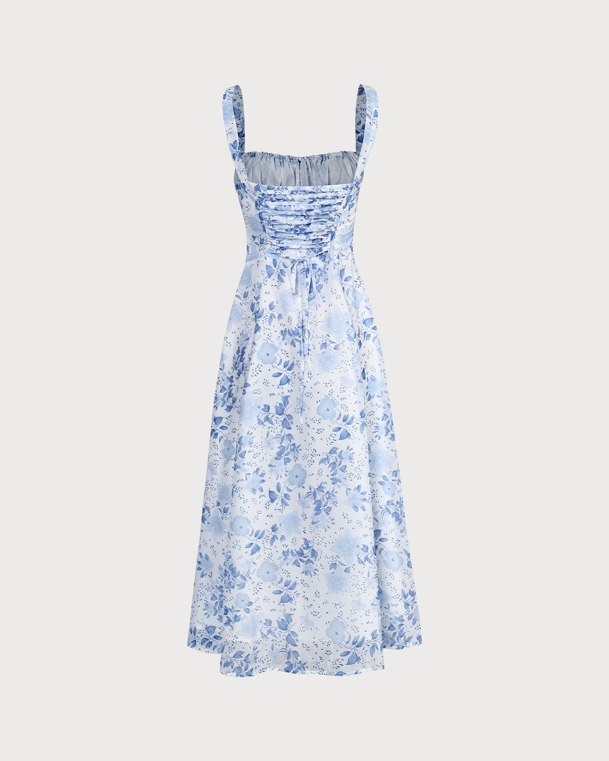 Midikleid mit floralem Print, gerafftem quadratischem Ausschnitt, blau