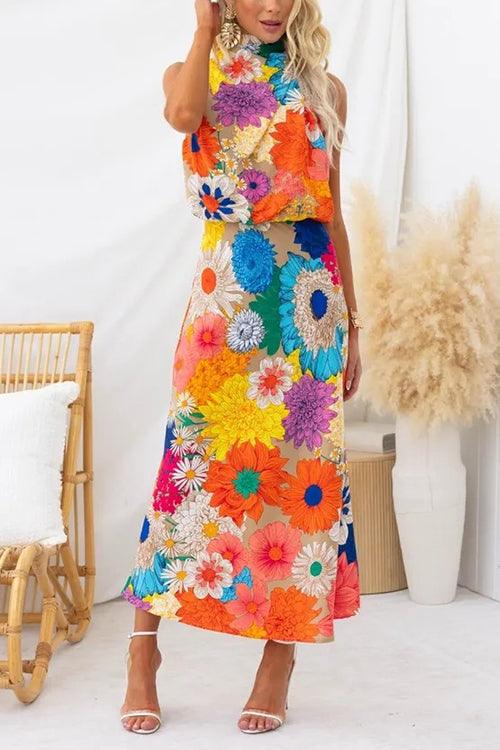 Ärmelloses Maxikleid mit Blumenmuster und Schleifenbinde am Hals