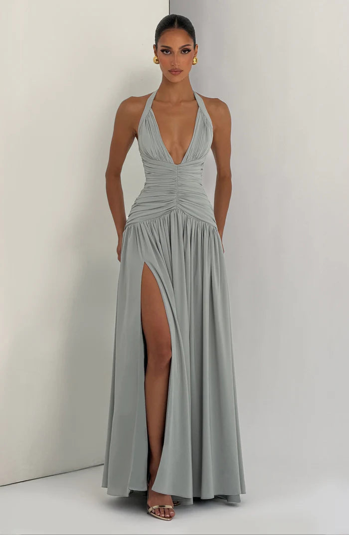 Fließendes Ärmelloses Maxikleid Marineblau Salbei Gelb