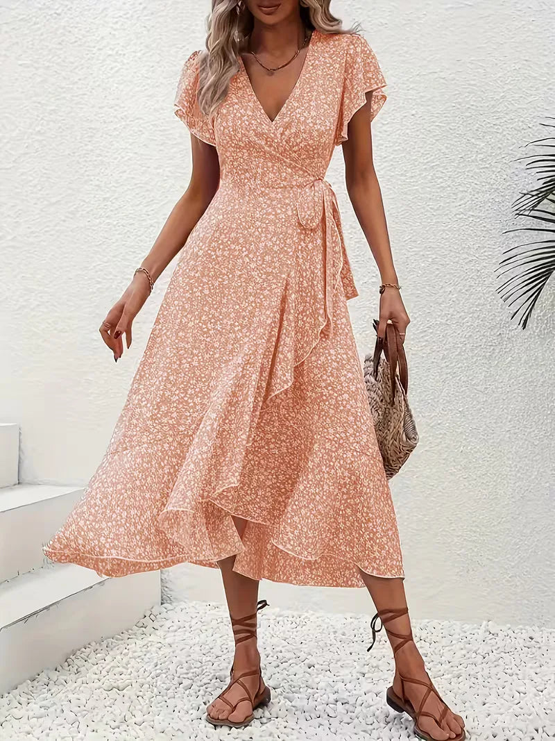 Midi-Wickelkleid mit Blumenmuster und asymmetrischem Saum