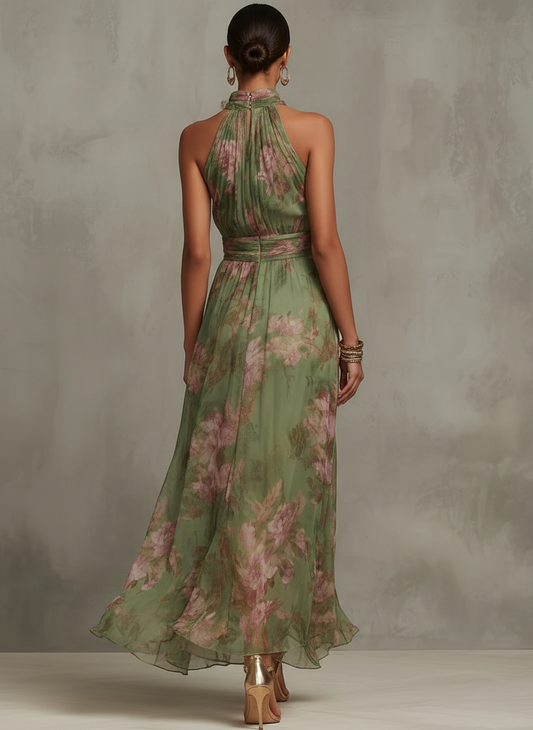 Grünes Blumenmuster Chiffon Maxikleid mit Neckholder-Ausschnitt