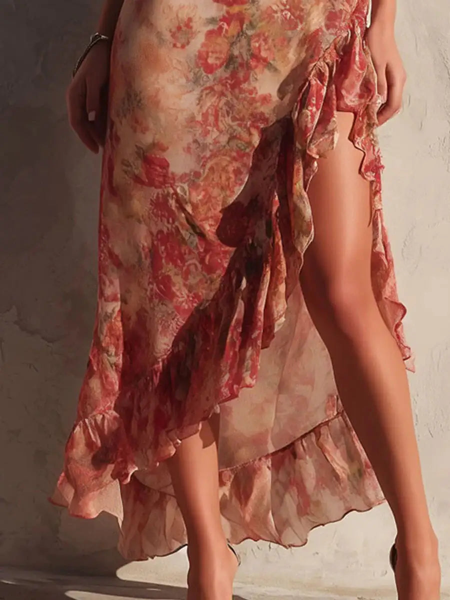 Asymmetrisches Kleid mit Blumenmuster, Rüschen und Seitenschlitz