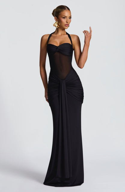 Ärmelloses gerafftes Jersey-Mesh-Maxikleid
