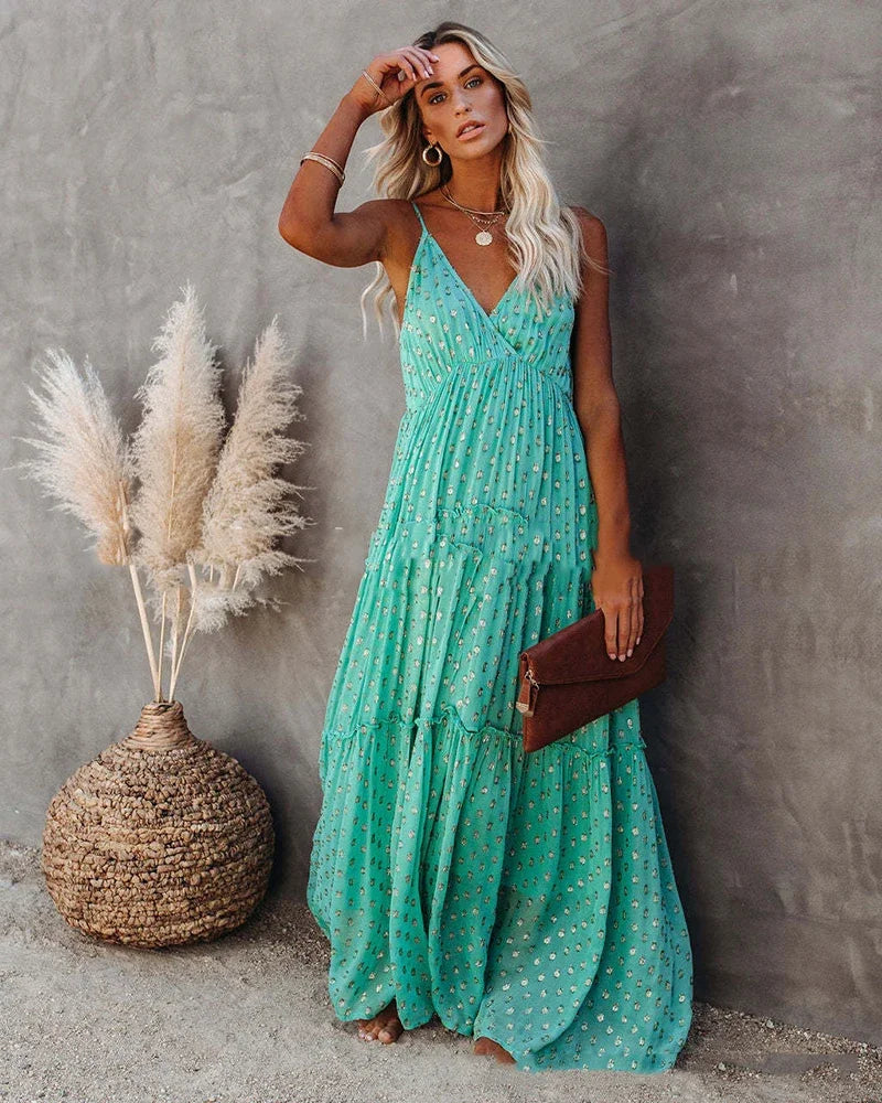 Boho-Chic Grünes Langes Sommerkleid