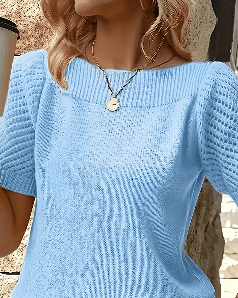 Damen Kurzarm Pullover mit Puffärmeln und Rundhalsausschnitt, Rückansicht