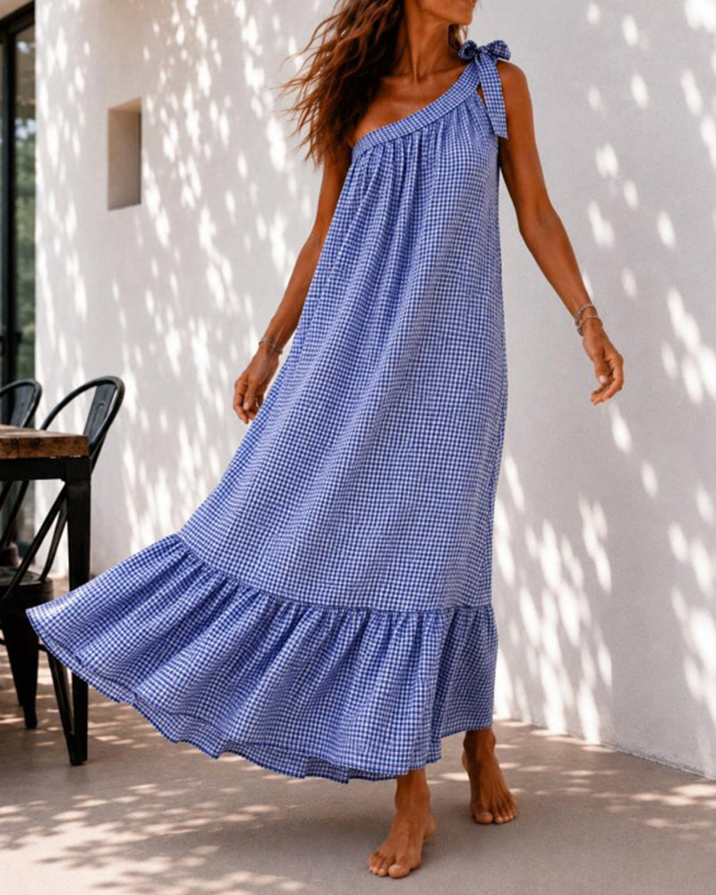 Damen-Maxikleid mit One-Shoulder-Ausschnitt und Rüschen in voller Länge