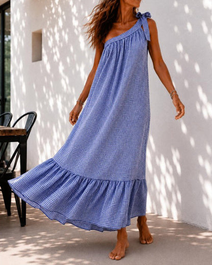 Damen-Maxikleid mit One-Shoulder-Ausschnitt und Rüschen in voller Länge