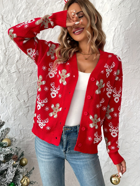 Weihnachtsstrickjacke mit Rentier- und Schneeflockenmuster für Damen