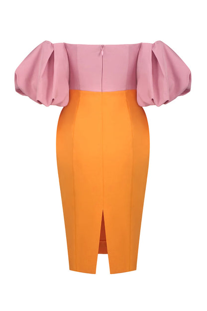 Midi-Kleid mit Puffärmeln in Farbblock Pink Orange