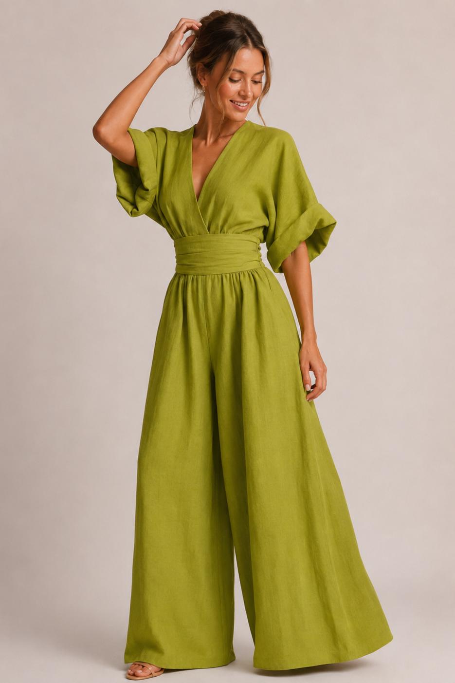 Weitbeiniger Micro-Elastischer Jumpsuit mit Dreiviertelärmeln