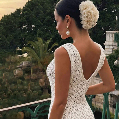 Häkel-Maxikleid mit offenem Rücken Weiß