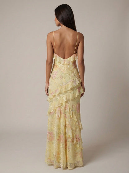 Florales Rüschen-Maxikleid in Gelb und Pink