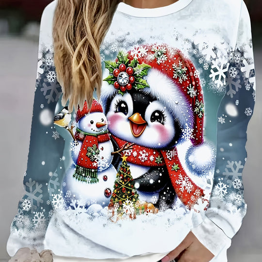 Weihnachtspullover mit Schneeflocken- und Hasenmotiv für Damen