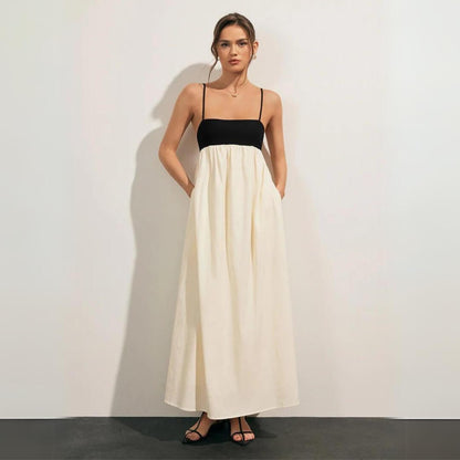 Midikleid aus Leinen-Baumwoll-Mischung für Damen, Schwarz und Weiß