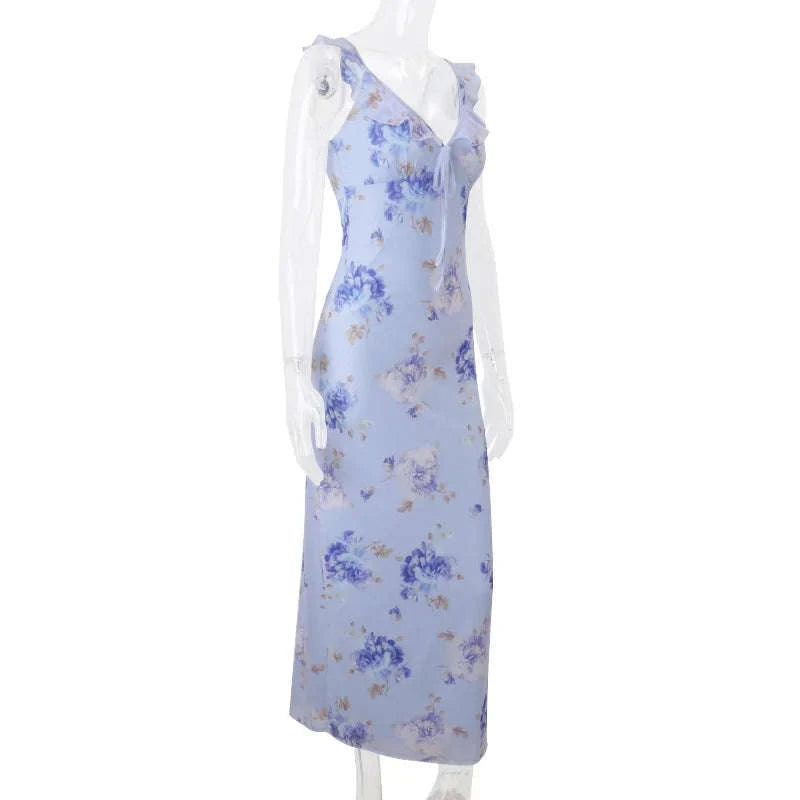 Florales Maxikleid mit tiefem V-Ausschnitt und offenem Rücken Sommerkleid