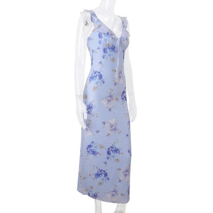 Florales Maxikleid mit tiefem V-Ausschnitt und offenem Rücken Sommerkleid