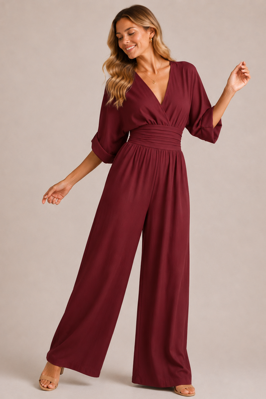 Weitbeiniger Micro-Elastischer Jumpsuit mit Dreiviertelärmeln