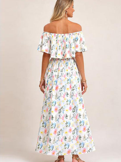 Damen Blumenmuster Schulterfreies Sommer Maxikleid