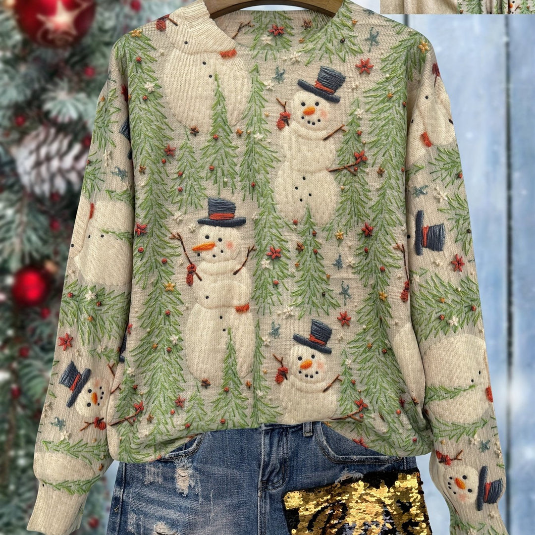 Weihnachtspullover mit Schneemann- und Tannenbaum-Print für Damen