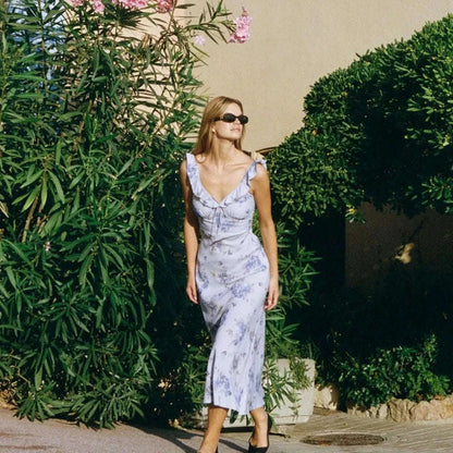 Florales Maxikleid mit tiefem V-Ausschnitt und offenem Rücken Sommerkleid