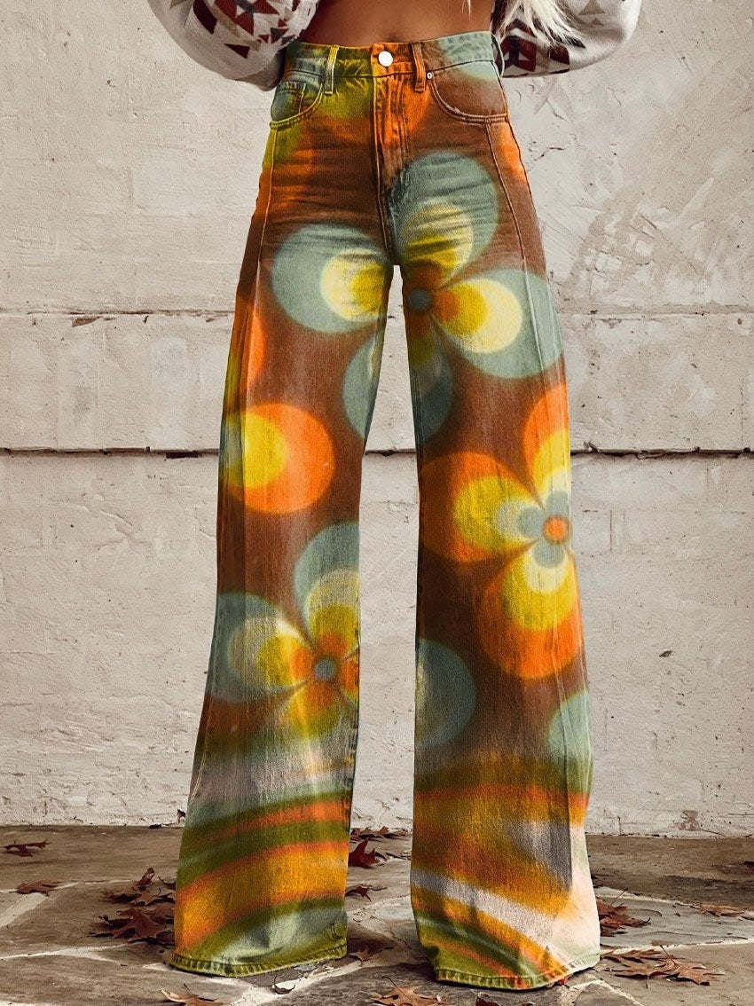 Damen Schlaghose Mit Blumenmuster Im Retro Stil