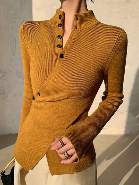 Damen Asymmetrischer Strickpullover Mit V-Ausschnitt Und Knopfleiste