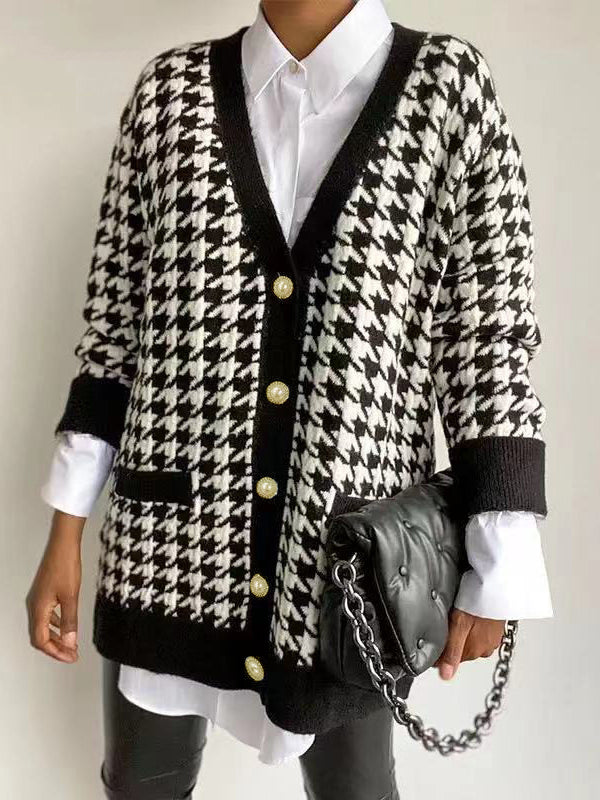 Damen Strickjacke Mit Karomuster Und V-Ausschnitt